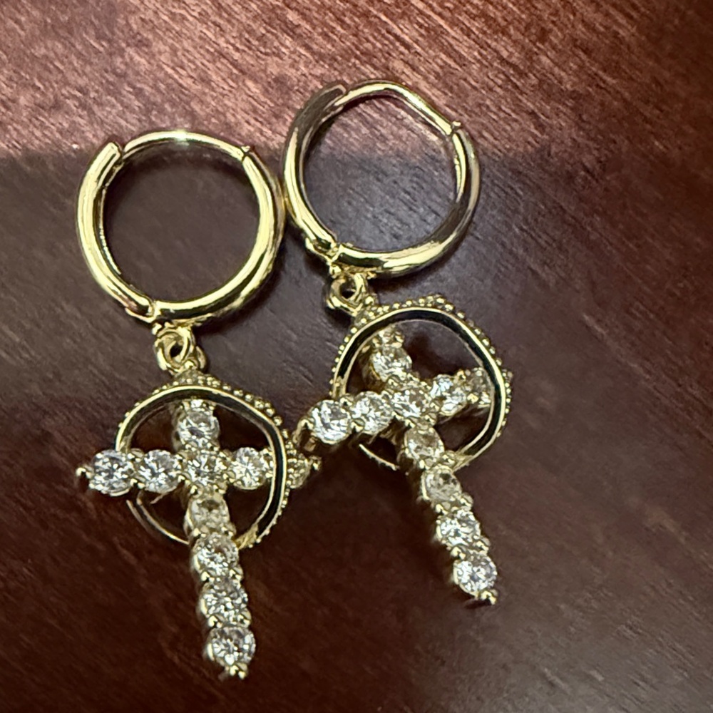 New Gold Plated Crown Cross Hoop Drop Earrings